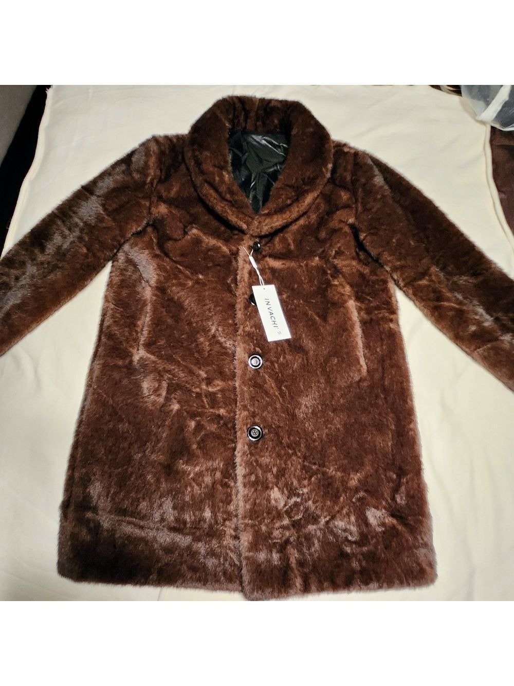 Amazon Mens Trench Coat Brown Medium Faux Fur Wide Collar - Picture 4 of 8
